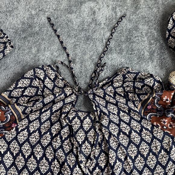 Entro Lace Boho Navy Ivory PInk Bell Sleeve Blouse Top Medium - Picture 8 of 8